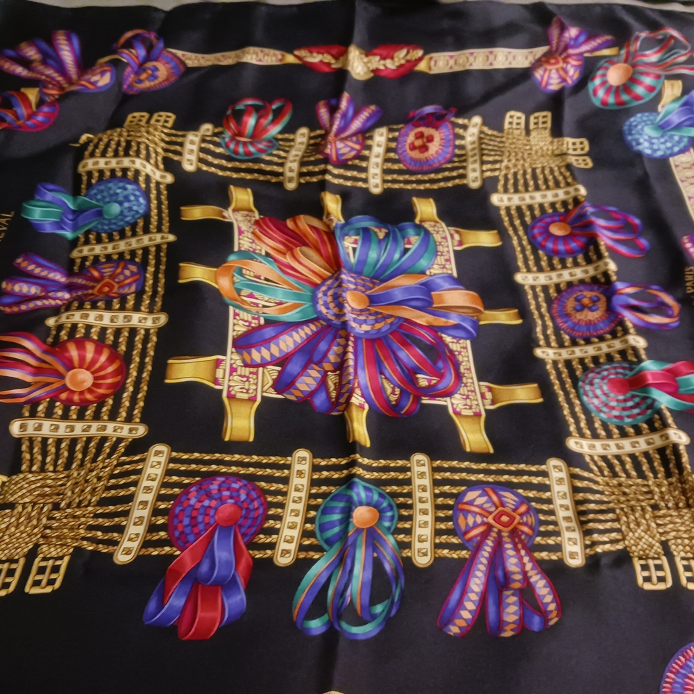 Hermes Black and Gold Scarf with Multicolor Accents